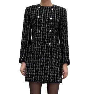 Zara Womens Tweed Double-Breasted Coat Jacket L Black & White Textured Knit glen